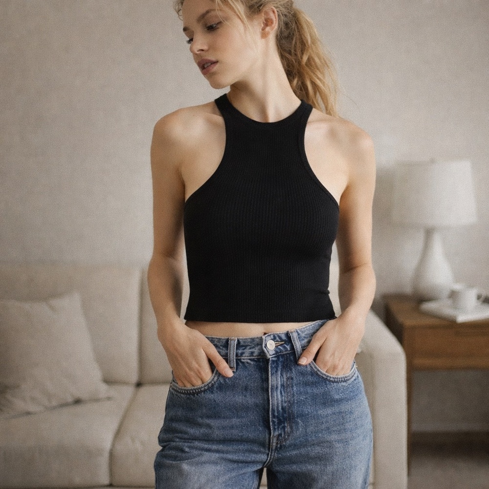 FREE PEOPLE Intimately Switch It Up High Neck Racerback‎ Cami Black M NWOT